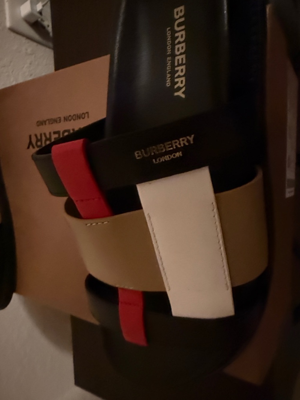 Burberry Black Slide Sandals with Beige, White & Red Straps - Picture 6 of 7